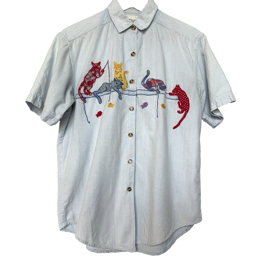 Vintage Casey & Max Cat Lady Embroidered Blouse Button Size S Gingham Granny